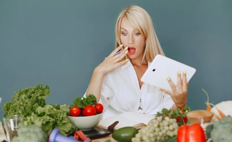 surprised woman counting calorie diet